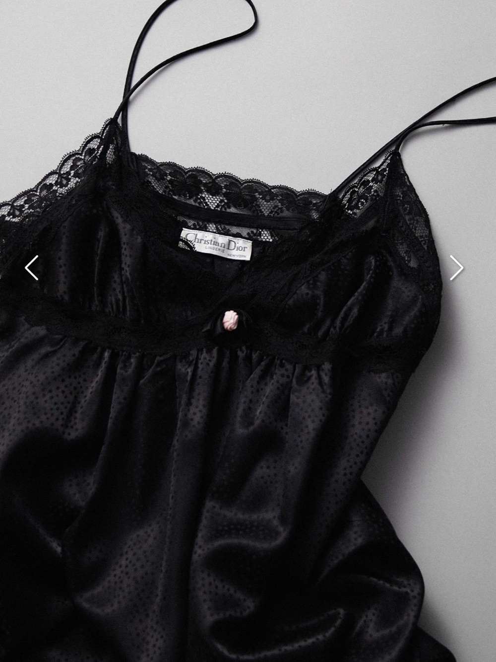 Dior Black Satin Slip with Lace Trim and Pink Rosette
